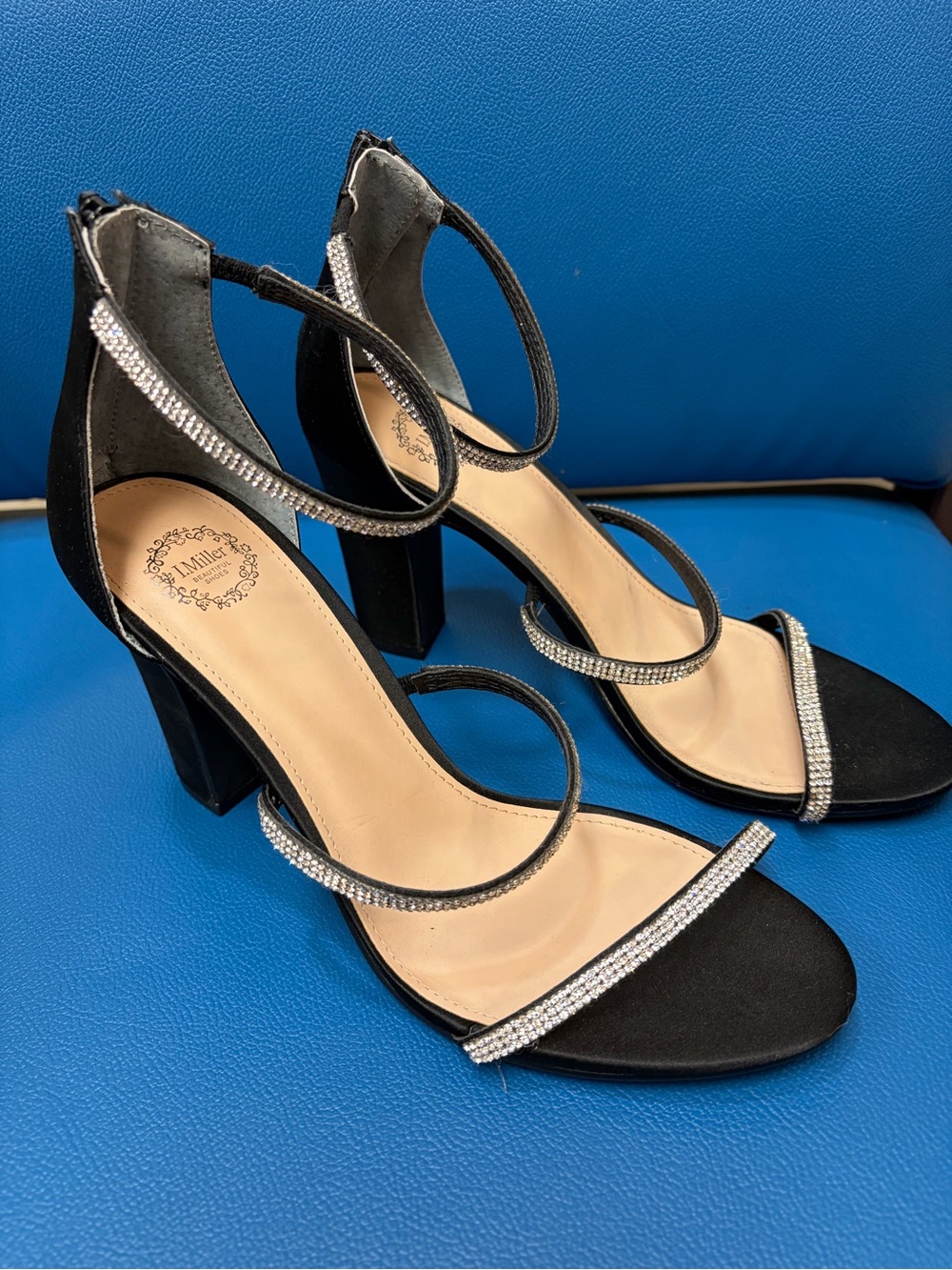 Emilia Black Rhinestone Strap Block Heel Sandals